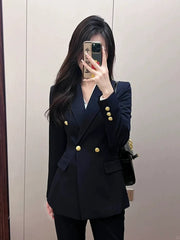 Women’s Navy Blue Blazer Suit Set – Gold Button Old Money Style Officewear