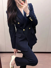 Women’s Navy Blue Blazer Suit Set – Gold Button Old Money Style Officewear