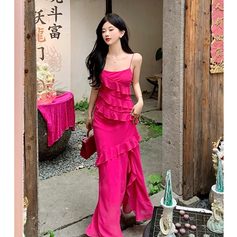 Rose red summer spaghetti strap high-end seaside vacation ruffled long dress