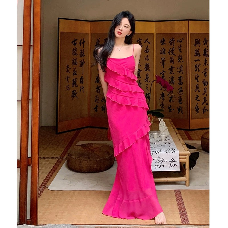 Rose red summer spaghetti strap high-end seaside vacation ruffled long dress
