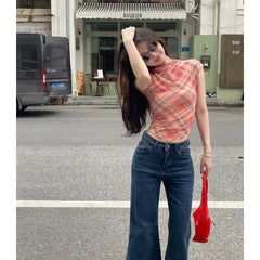 Plaid Mesh Off-Shoulder Crop Top – Spicy Slim Fit Tee