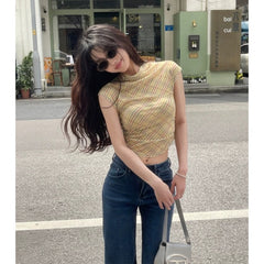 Plaid Mesh Off-Shoulder Crop Top – Spicy Slim Fit Tee