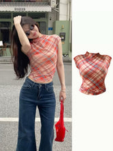 Plaid Mesh Off-Shoulder Crop Top – Spicy Slim Fit Tee