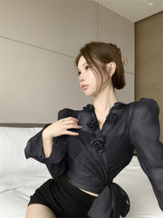 Elegant 3D Floral Blouse – French Tie-Waist Sheer Wrap Shirt