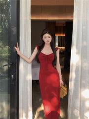 Wine Red Ruffle Tie-Strap Midi Dress – Pure Style A-Line Dress