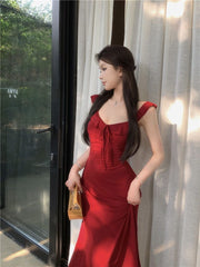 Wine Red Ruffle Tie-Strap Midi Dress – Pure Style A-Line Dress