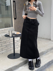 High Waist Black Utility Midi Skirt with Side Slit