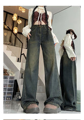 Vintage High-Waist Cement Gray Wide-Leg Floor-Length Jeans
