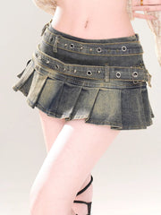 High Waist A-Line Pleated Denim Mini Skirt Women Slim Fit