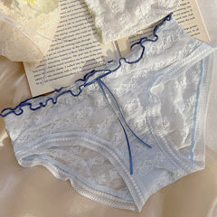 Low-Waist Ruffled Lace Panties with Embroidered Bow – Japanese Style Soft Breathable Briefs