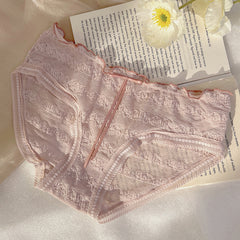 Low-Waist Ruffled Lace Panties with Embroidered Bow – Japanese Style Soft Breathable Briefs