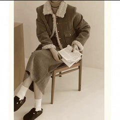 Fleece Lined Tweed Style Two Piece Outfit Slimming Jacket and Skirt Set