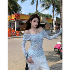 Blue Plaid One-Shoulder Mesh Long Sleeve T-Shirt for Women – Slim Fit Off-Shoulder Top
