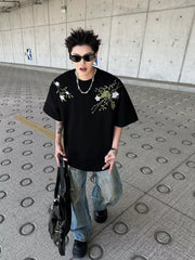 Men’s Street Retro Floral Embroidery Loose Tee