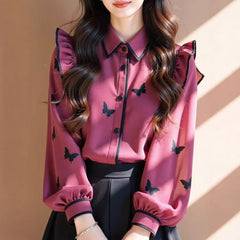 Rose Red Butterfly Print Puff Sleeve Top – Women's Flying Sleeve Blouse