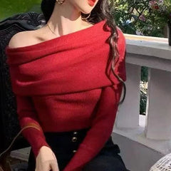 Off-Shoulder Knitted Sweater for Women | Fall New Arrival, Elegant French-Style, High-End Feel Top