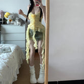 Asymmetric Ruffled V-Neck Sleeveless Top – Pleated Adjustable Strap Cami for Women