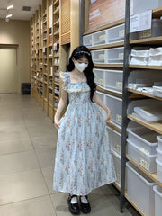 Square Neck Floral Dress for Women – French Pastoral Style A-Line Tea Break Skirt with Waist Design