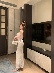 Women's White Lace Backless Ruched Camisole Bodycon Maxi Dress