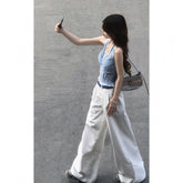 Korean Style Lace V-Neck Halter Camisole – Elegant Sleeveless Crop Blue Top