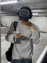 Relaxed Textured Knit Long Sleeve T-Shirt for Men – Loose Fit Crew Neck Top