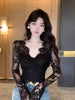 Women’s Sexy V-Neck Lace Crop Top Slim Fit Solid Color Long Sleeve Shirt
