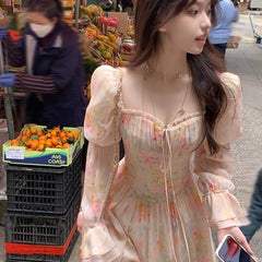 French Floral Ruffled Maxi Dress – Elegant Waist-Cinching Tea Break Dress for Women