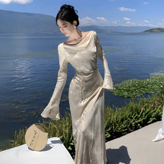 Women's Modern Style Long Sleeve Draped Bodycon Evening Dress