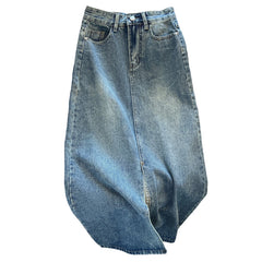 High-Waist Split Denim Skirt – Mid-Length A-Line Slim Fit Skirt for Women