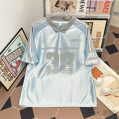 V Neck Ice Silk Printed Sports Jersey Top