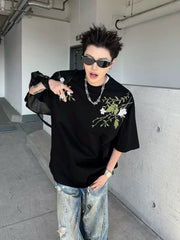 Men’s Street Retro Floral Embroidery Loose Tee