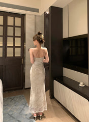 Women's White Lace Backless Ruched Camisole Bodycon Maxi Dress