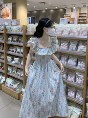 Square Neck Floral Dress for Women – French Pastoral Style A-Line Tea Break Skirt with Waist Design