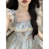 Square Neck Floral Dress for Women – French Pastoral Style A-Line Tea Break Skirt with Waist Design