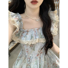 Square Neck Floral Dress for Women – French Pastoral Style A-Line Tea Break Skirt with Waist Design