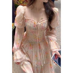 French Floral Ruffled Maxi Dress – Elegant Waist-Cinching Tea Break Dress for Women