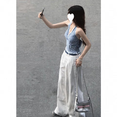 Korean Style Lace V-Neck Halter Camisole – Elegant Sleeveless Crop Blue Top