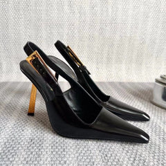 Black Patent Leather Pointed Stiletto Heels – Elegant Metal Baotou Sandals Inspired by Nazha