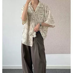 Elegant Floral Cuban Collar Ice Silk Shirt