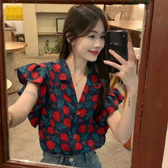 Retro Floral Ruffled Shirt for Women – Loose Fit Temperament Top with Small Flying Sleeves