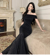 Women's Off Shoulder Glitter Waist-Cinched Bodycon Mermaid Evening Dress