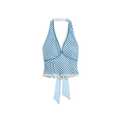 Korean Style Lace V-Neck Halter Camisole – Elegant Sleeveless Crop Blue Top