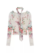 French Vintage V-Neck Long Sleeve Printed Mesh T-Shirt for Women, Slim Fit Short Elegant and Chic Top