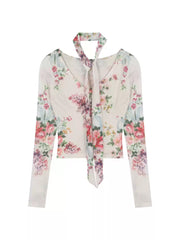 French Vintage V-Neck Long Sleeve Printed Mesh T-Shirt for Women, Slim Fit Short Elegant and Chic Top