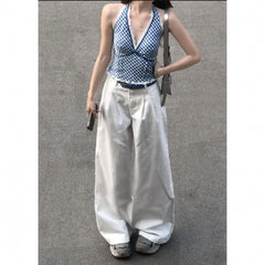 Korean Style Lace V-Neck Halter Camisole – Elegant Sleeveless Crop Blue Top