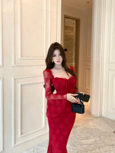 Women's Lace Hollow Square Neck Flared Sleeve Slim Bodycon Dress