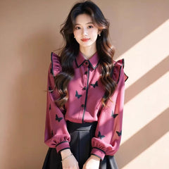 Rose Red Butterfly Print Puff Sleeve Top – Women's Flying Sleeve Blouse