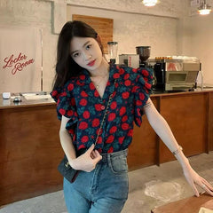 Retro Floral Ruffled Shirt for Women – Loose Fit Temperament Top with Small Flying Sleeves