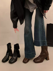 Square Toe Stretch Ankle Boots genuine leather