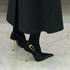 Black Patent Leather Pointed Stiletto Heels – Elegant Metal Baotou Sandals Inspired by Nazha